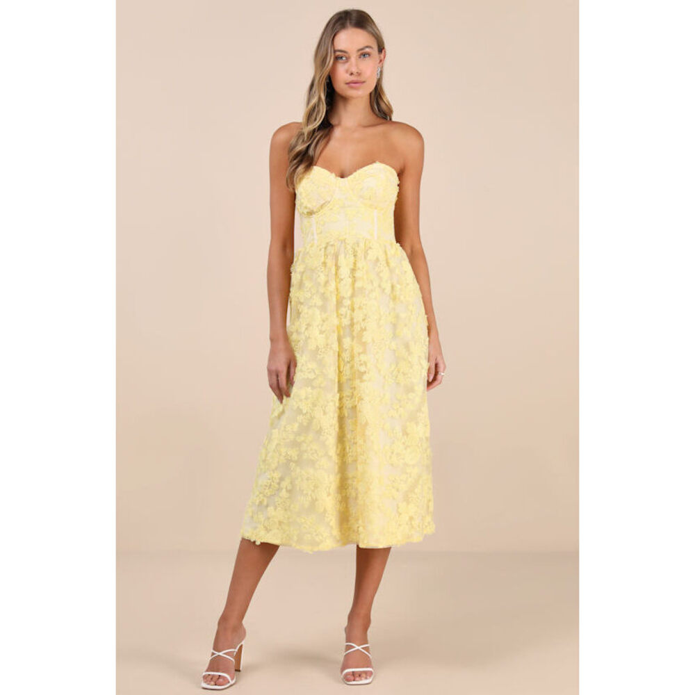 Lulus Quite Perfect Yellow Floral Embroidered Strapless Midi Dress - Size XS